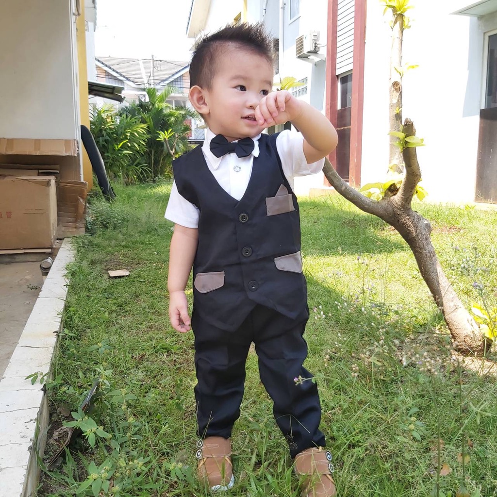 Baju setelan pesta anak bayi laki jas tuxedo panjang katun