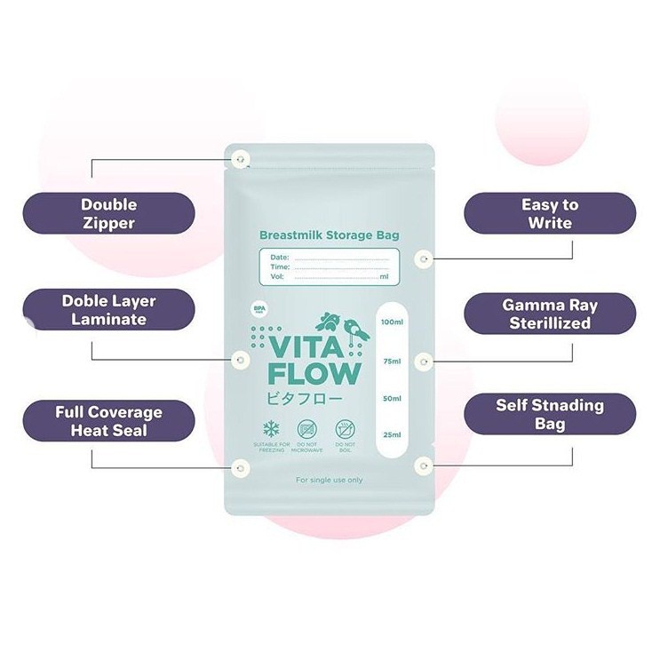 VitaFLow BreastMilk Storage Bag Kantong ASI Menyusui 100ml isi 25⁣