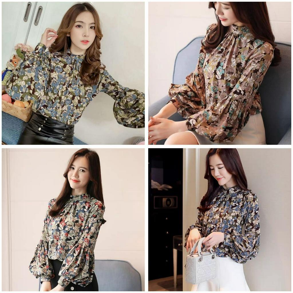 KMJ1, Top Blouse Kemeja Loose Perempuan Dewasa Fashion Korea Lengan Ballon Ariana