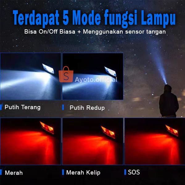 Lampu Mini Senter Kepala LED AYOTO 5 Mode USB Charger Multi Fungsi Anti Air Sensor Tangan