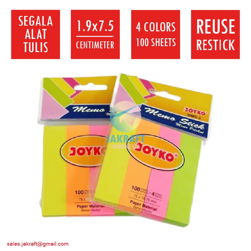 

(400 Lembar) Kertas Memo Stick Tempel 4 Warna Neon JOYKO MMS-2 Mix Color Sticky Note (1.9 x 7.5 Cm)