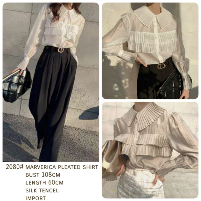 MDLV ~ 2080# marverica pleated shirt Blouse Korea Blouse Premium Blouse Import Atasan Lengan Panjang Kemeja Korean style Fashion import