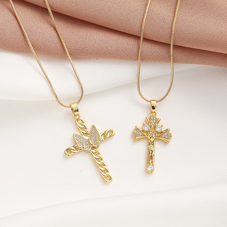 XiaoboACC Kalung Rantai Klavikula Desain Salib Yesus Kupu-Kupu Bahan Stainless Steel Lapis Emas Ukuran Untuk Wanita Butterfly Cross - 50CM