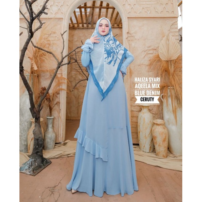 AQEELA MIX DENIM CERUTY DRESS BY HALIZA SYARI ( KHIMAR PRINTING )