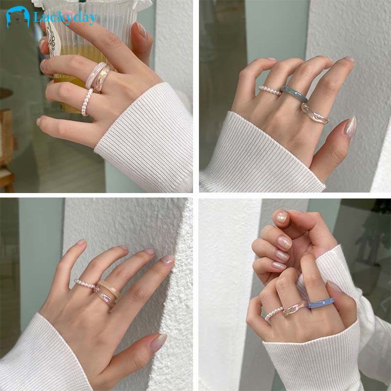 YEEZII 3pcs / Set Cincin Resin Transparan Adjustable Hias Mutiara Warna-Warni Untuk Wanita