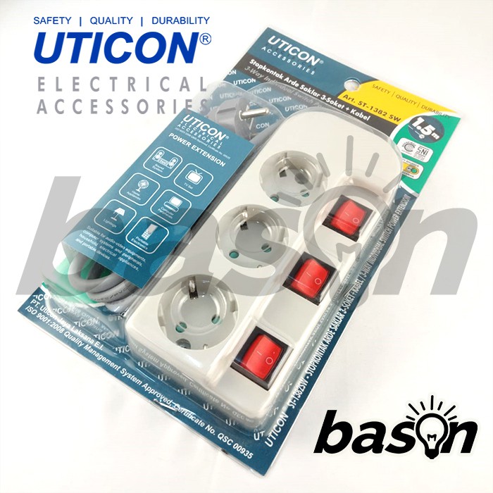 UTICON ST1382SW Power Extension - Stop Kontak 3Lubang 1.5 Meter dengan individual switch