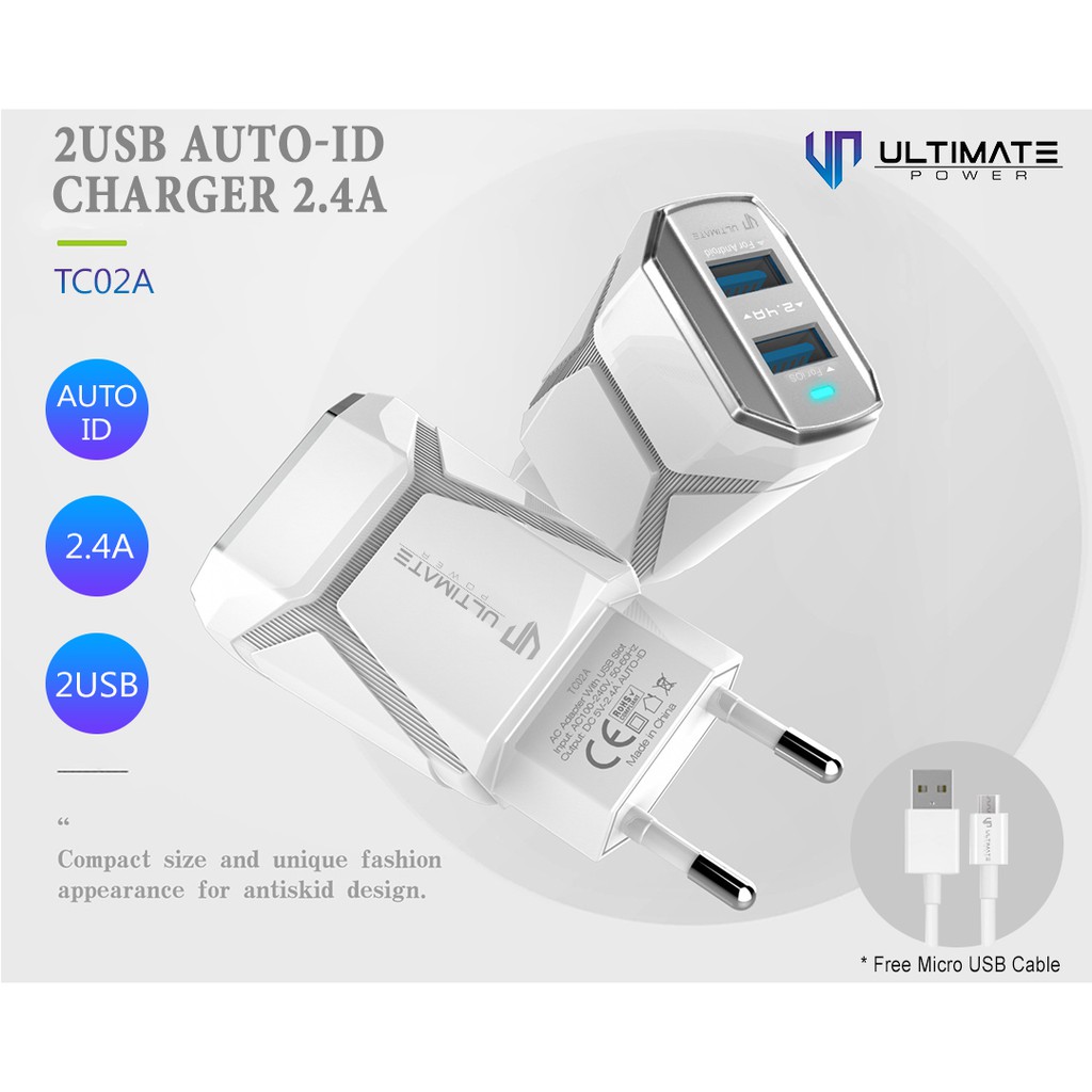 Adapter charger 2.4A Ultimate Power TC02A 2USB Auto-iD Charger 2.4A free Micro USB Cable