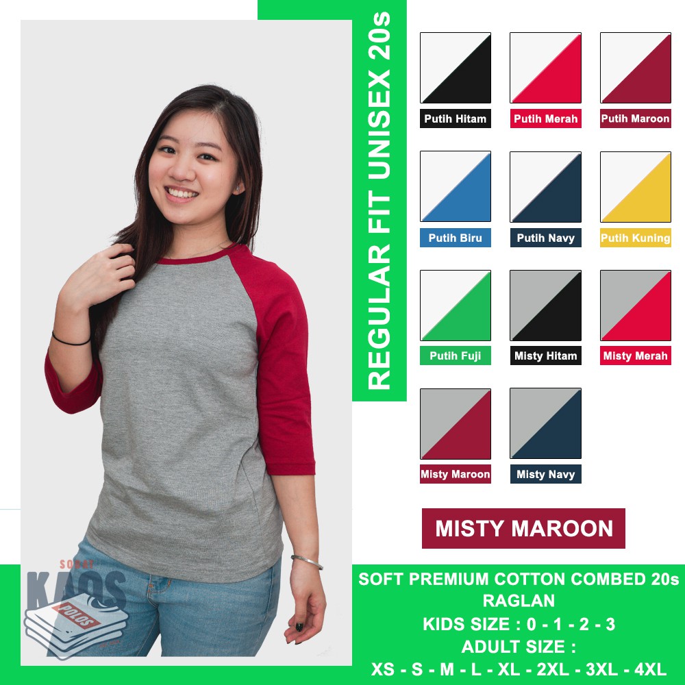 KAOS POLOS RAGLAN COTTON COMBED 20s - WARNA MISTY MAROON