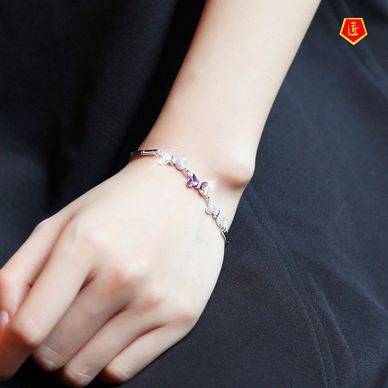 [Ready Stock]925 Silver Sweet Elegant Heart-Shaped Amethyst Bracelet