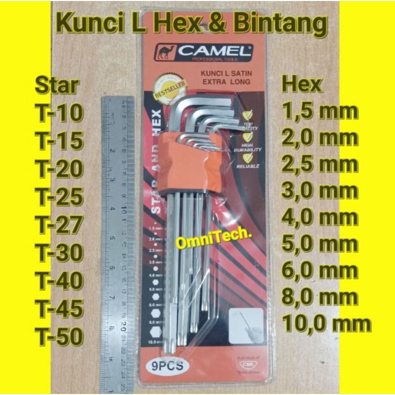 Kunci L Set 9 Pcs Kombinasi Hexagon Hex & Bintang Lubang 1,5 - 10 mm T10 - T50