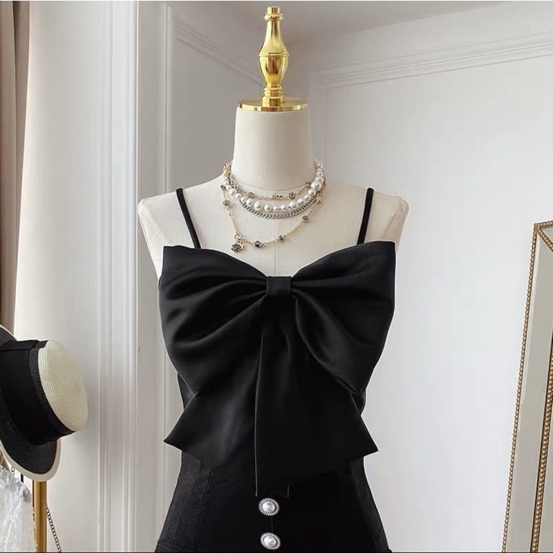 2WAYS PREMIUM RIBBON TOP IMPORT ATASAN WANITA CEWEK BAJU TANKTOP KEMBEN CROP MX917-Hitam