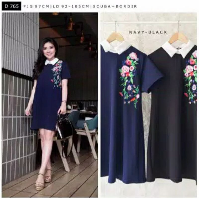 Dress Korea Bordir Bunga Navy