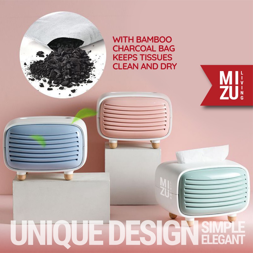 MIZU MUSEN Tissue Box Charcoal Kotak Tissue Arang Pengering Vintage Radio Design