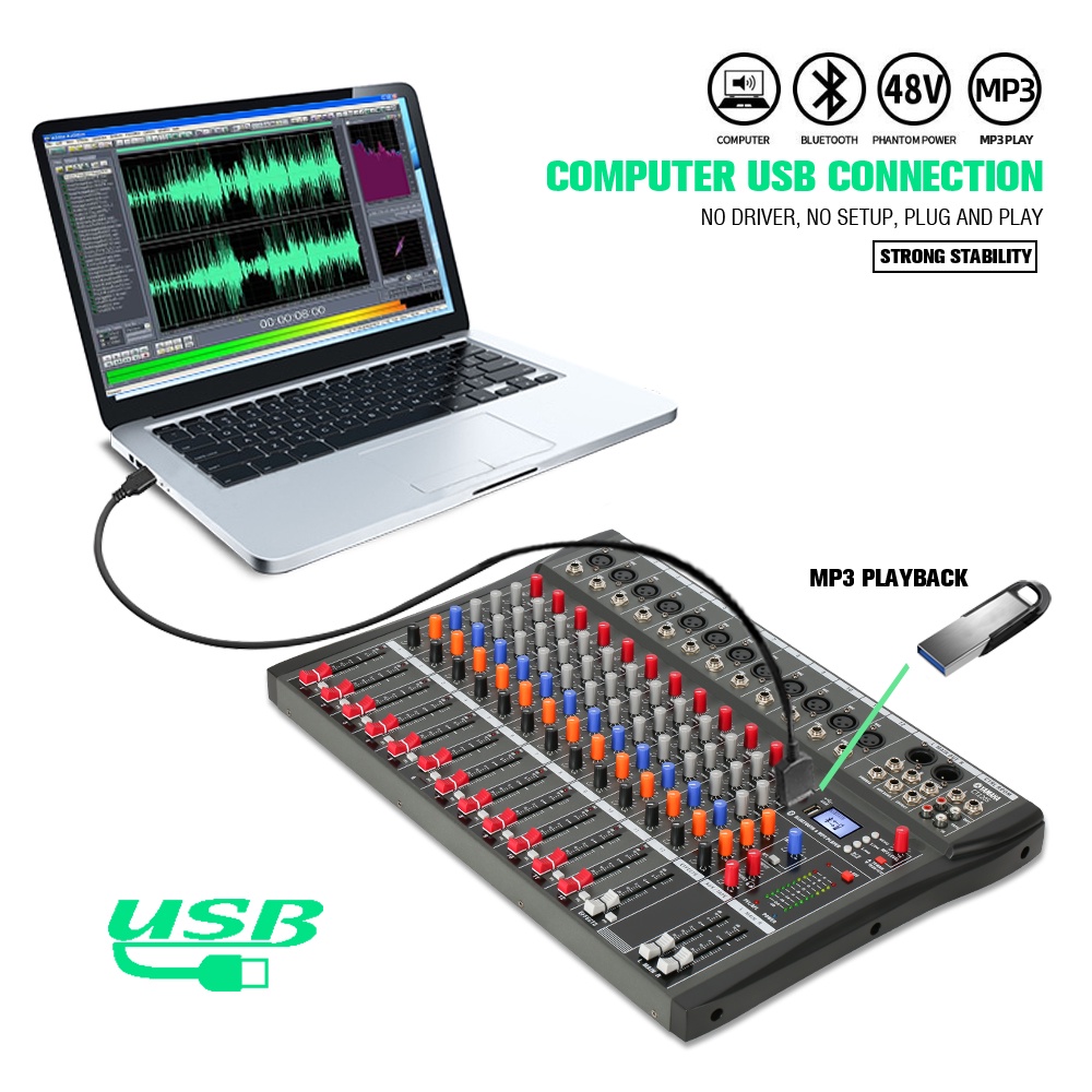 CT120S Pengaduk Audio Profesional 12 saluran mixer Efek gema bawaan Mendukung pemutaran Bluetooth/UBB/PC/MP3 Dukungan untuk penggunaan di dalam kendaraan Peralatan bernyanyi KTV pertunjukan luar ruangan