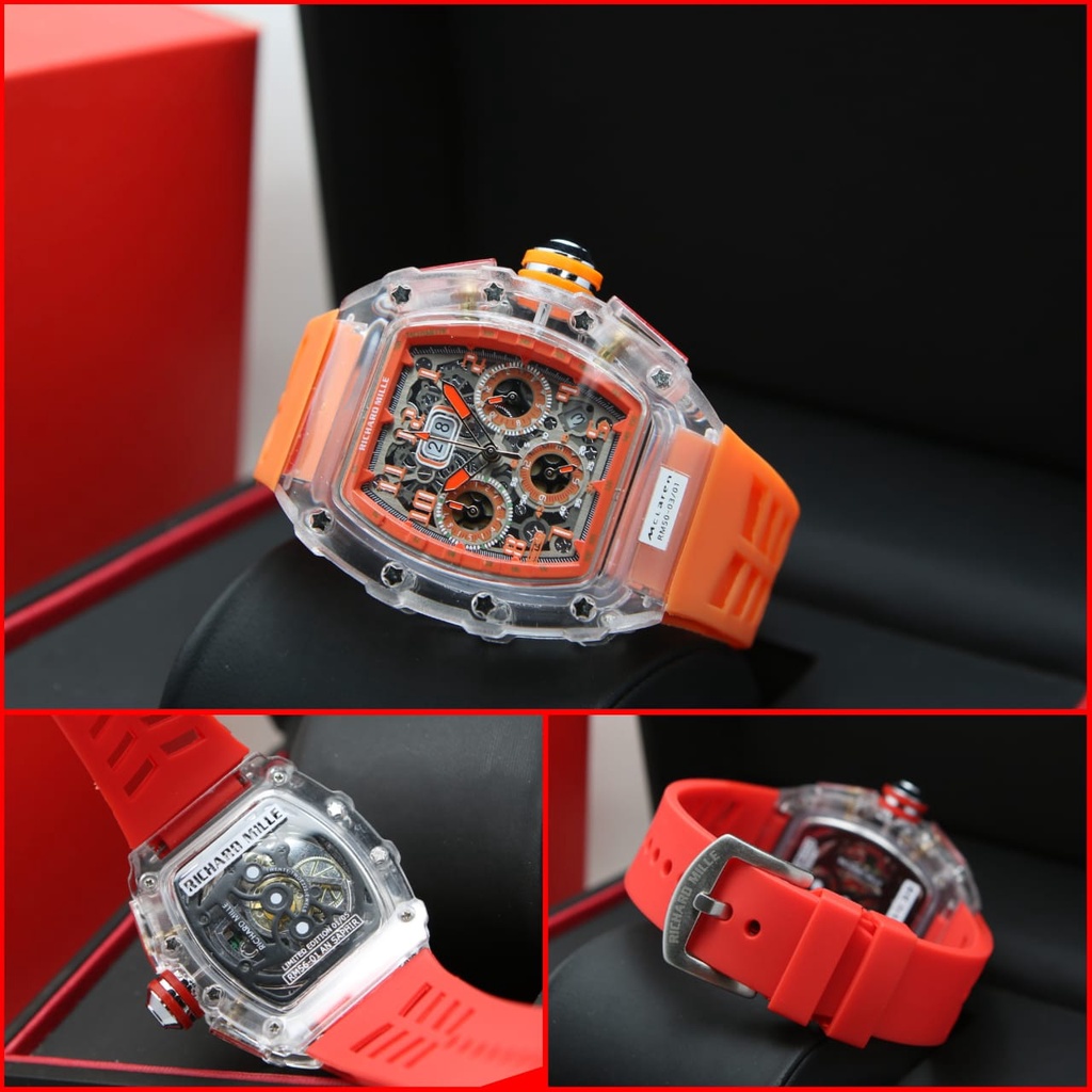 NEW JAM TANGAN PRIA RM TRANSPARANT ANALOG CRONO AKTIF TANGGAL AKTIF DIAMETER 4,3 CM