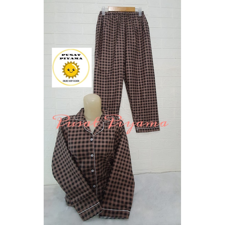 Setelan Lengan Pendek Piyama Baju Tidur Wanita Guilen Kotak Pajamas Cewek Dewasa Kekinian Abg-L LuminPanjangCoklat
