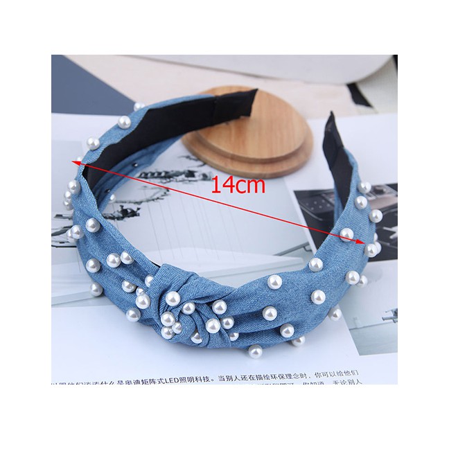 LRC Bando Fashion Navy Blue Nail Pearl Denim Fabric Knotted Headband A59302