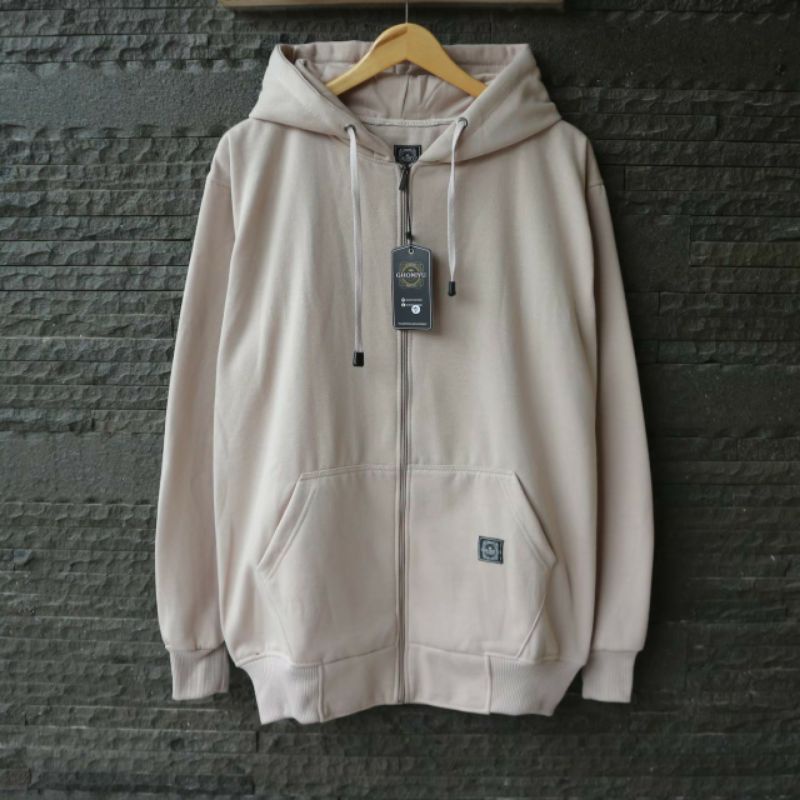 Jaket Hoodie Original Ghoniyu Warna Cream Polos Sweater Jumbo Pria Wanita