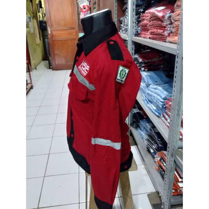 SERAGAM SAFETY HSE MERAH LIST HITAM FREE LOGO KANCING KAIN DRILL TEBAL HALUS ADEM