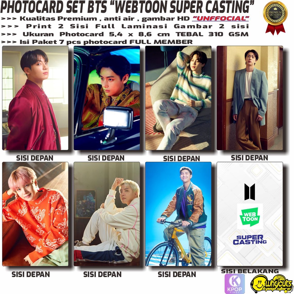 PHOTOCARD FULL SET KPOP PREMIUM BTS / ZOOM MEETING 2021 / CHAKKO / WEBTOON SUPER CASTING / ISI 7PCS FULL LAMINASI GLOSSY 2 SISI