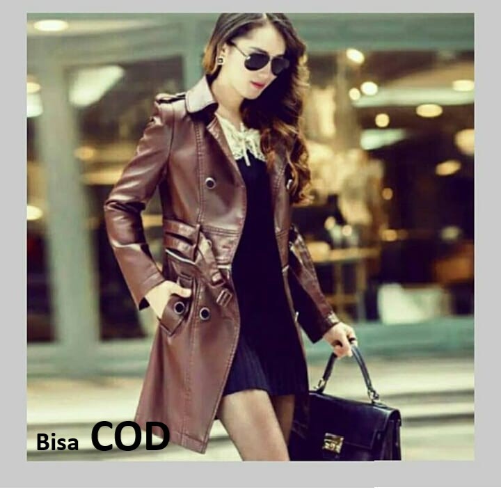 jaket kulit asli wanita coklat panjang