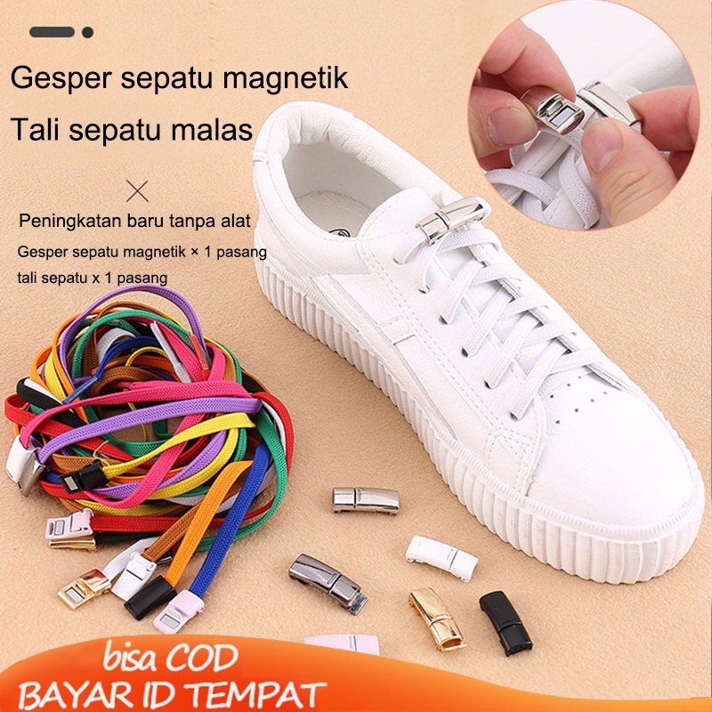 COD✨ Sepasang Tali Magnet + Sepasang Gesper Cocok Untuk Semua SepatuSuction No-dasi Sepatu Putih Kecil Tali Sepatu Tali Sepatu Tetap Tali Elastis Logam Pria Wanita Impor Fashion Korea Murah