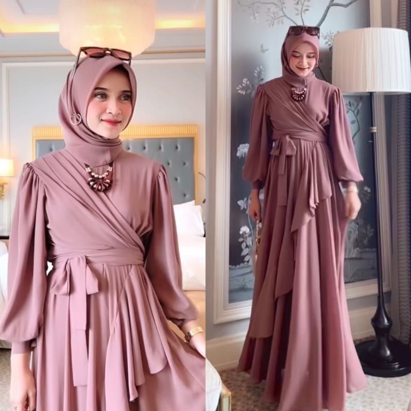 Meyhira Dress Full Furing Gamis Muslim Wanita Ceruty Babydoll Premium Terbaru Gamis Kondangan Elegan