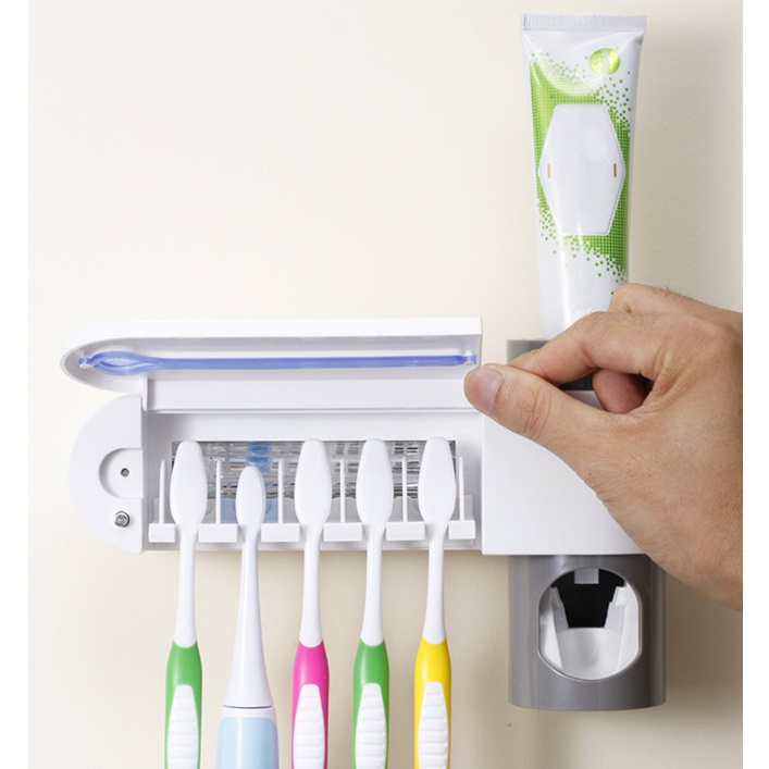 Toothbrush sterilizer Dispenser Odol Otomatis Dispenser Pasta Gigi Odol Hotel Desinfektan Pemegang Sikat Gigi Meremas Perangkat Pasta Gigi Menggunakan Pengeringan Ultraviolet Sterilisasi Punch-Free Toilet Rumah Tangga USB Rak Penyi