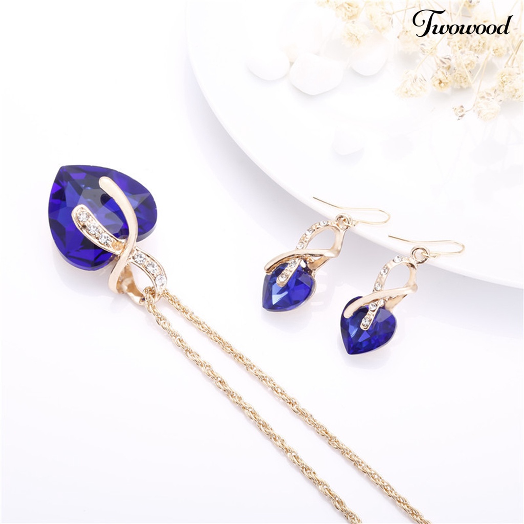 1 Set Kalung Anting Liontin Hati Kristal Tiruan Tahan Lama Untuk Perhiasan Pernikahan Wanita