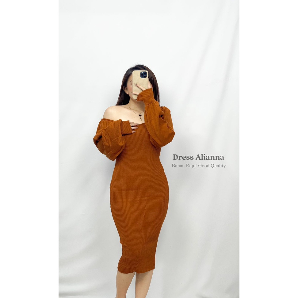 HOPYLOVY - Dress Alianna Bahan Rajut Fashion Wanita Model Lengan Balon