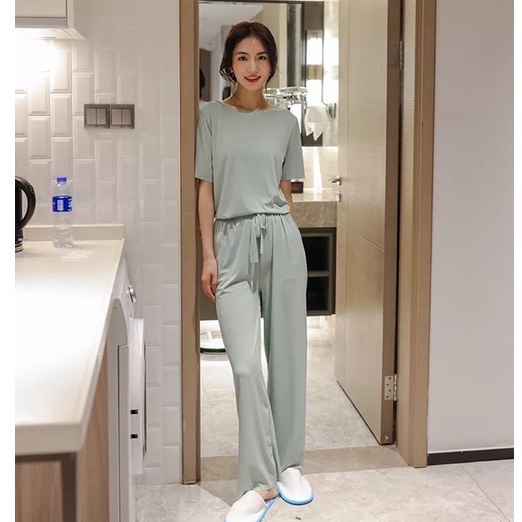 UNINICE Piyama impor Korea Selatan  set piyama wanita polos/setelan celana/Baju tidur/Setelan lenga/warna solid satu ukuran piyama set/Pakaian rumah yang nyaman, bernapas, dan menyegarkan