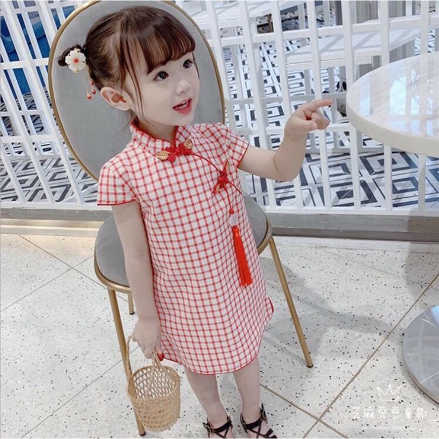 D210- Dress cheongsam anak /baju dress bayi /pakaian bayi anak cheongsam motif kotak2 cocok untuk imlek