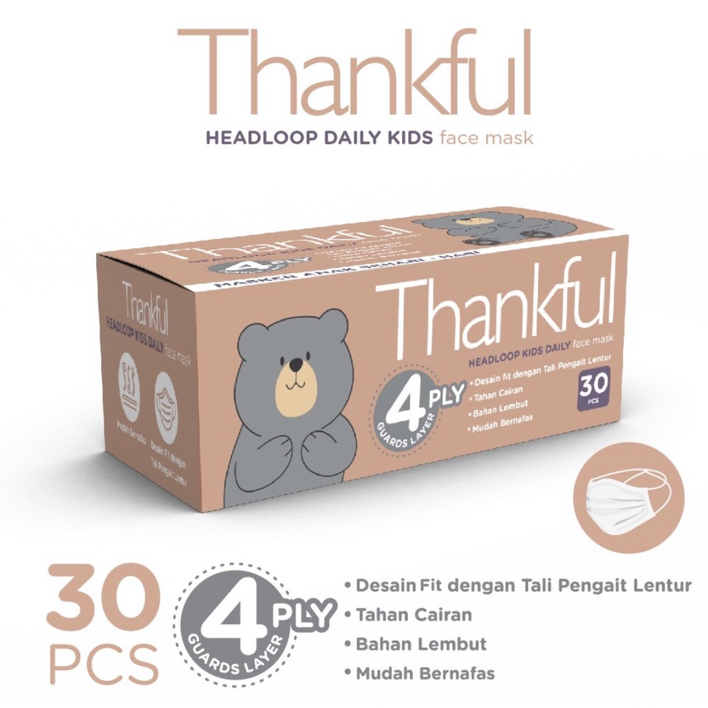Masker Thankful Anak 4ply Headloop isi 30 scs