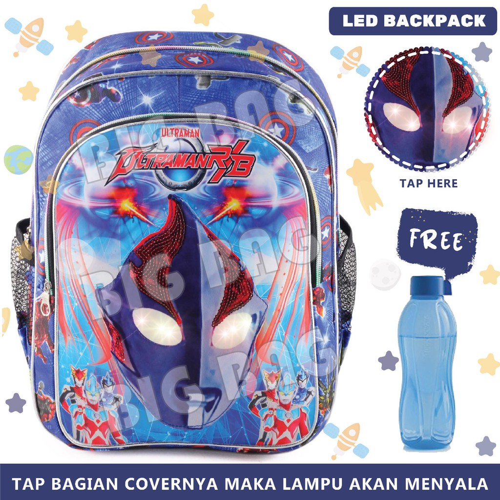 Tas Anak Laki Laki Karakter ULTRAMEN / CAPT AMERICA EXTRA - THE FORBIDDEN - RANSEL LED + BOTOL Minum