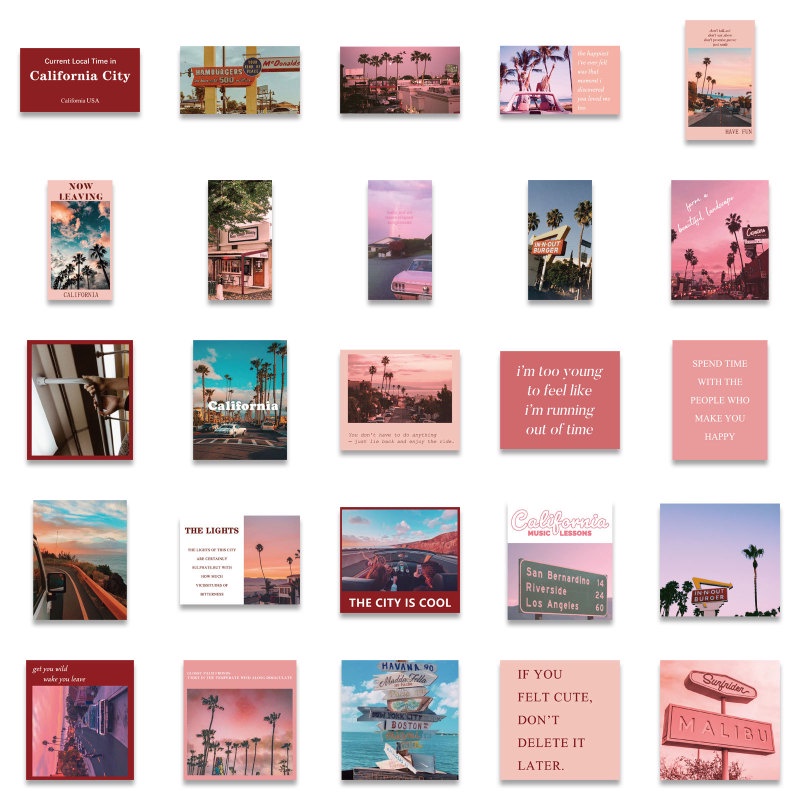 50pcs Stiker Desain Pemandangan Jalan California Warna Pink Tahan Air Untuk Koper Notebook Jurnal Diary