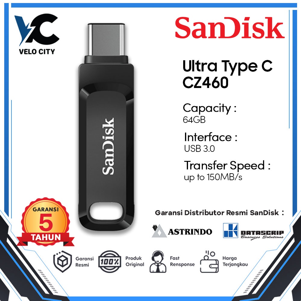 Flashdisk 64GB Sandisk Ultra USB Type-C | Flash Drive CZ460 - Original Garansi 5 Tahun