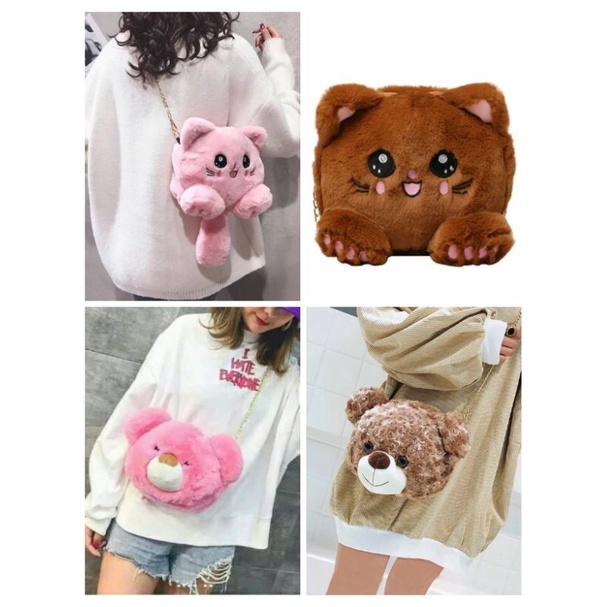 Tas Boneka Lucu Tas Selempang Boneka Wanita GEMOY / Selempang bulu lucu / tas boneka /Tas Bulu Boneka BISA COD