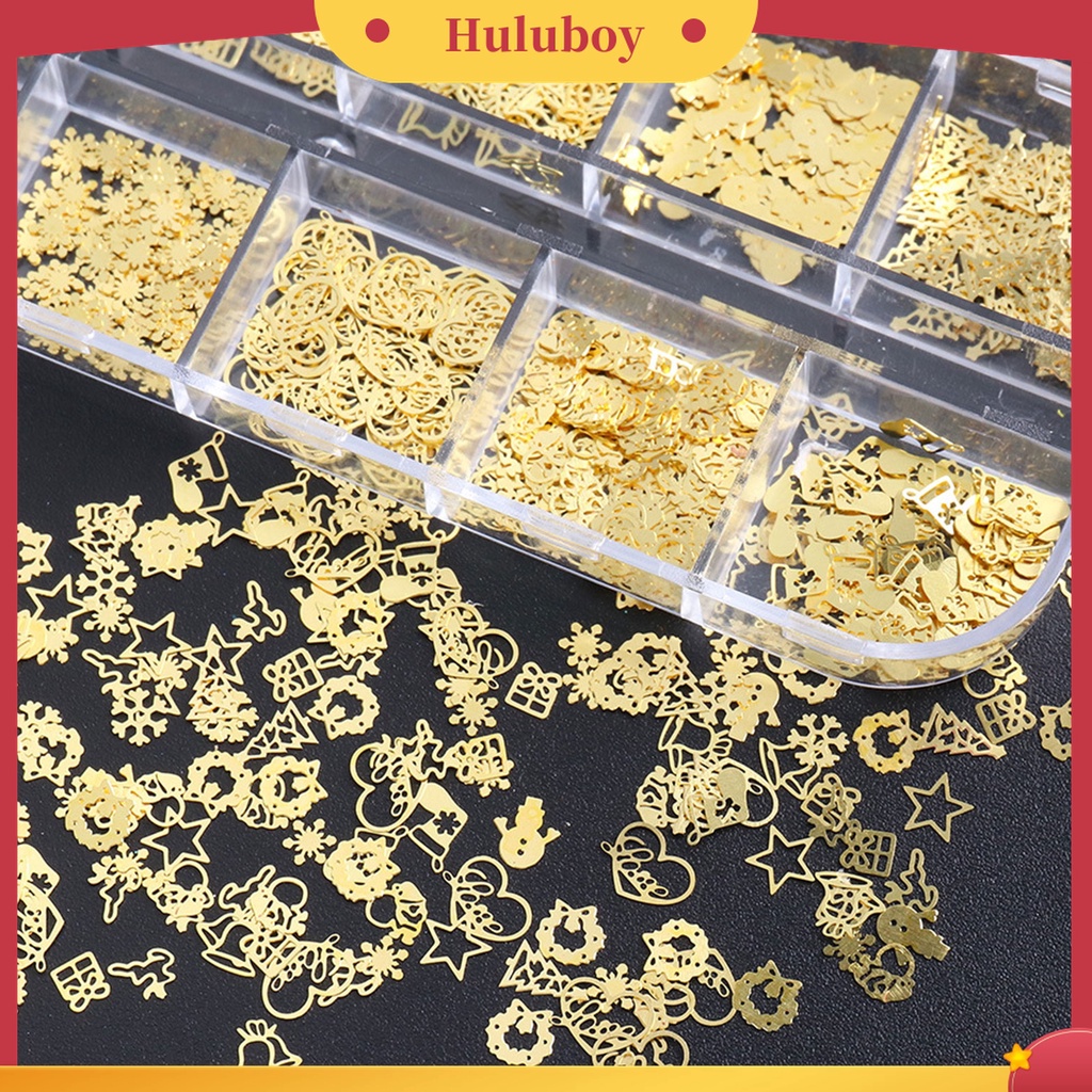 Huluboy Huluboy♡ 1 Kotak Dekorasi Nail Art Bentuk Rusa / Manusia Salju / Snowflake Bahan Metal Warna Emas