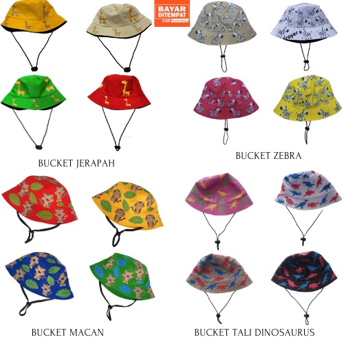 Bucket Hat Tali Anak Sablon Karakter Jerapah / Macan / Zebra / Dinosaurus Usia 1-8 Tahun Laki Perempuan Kualitas Premium