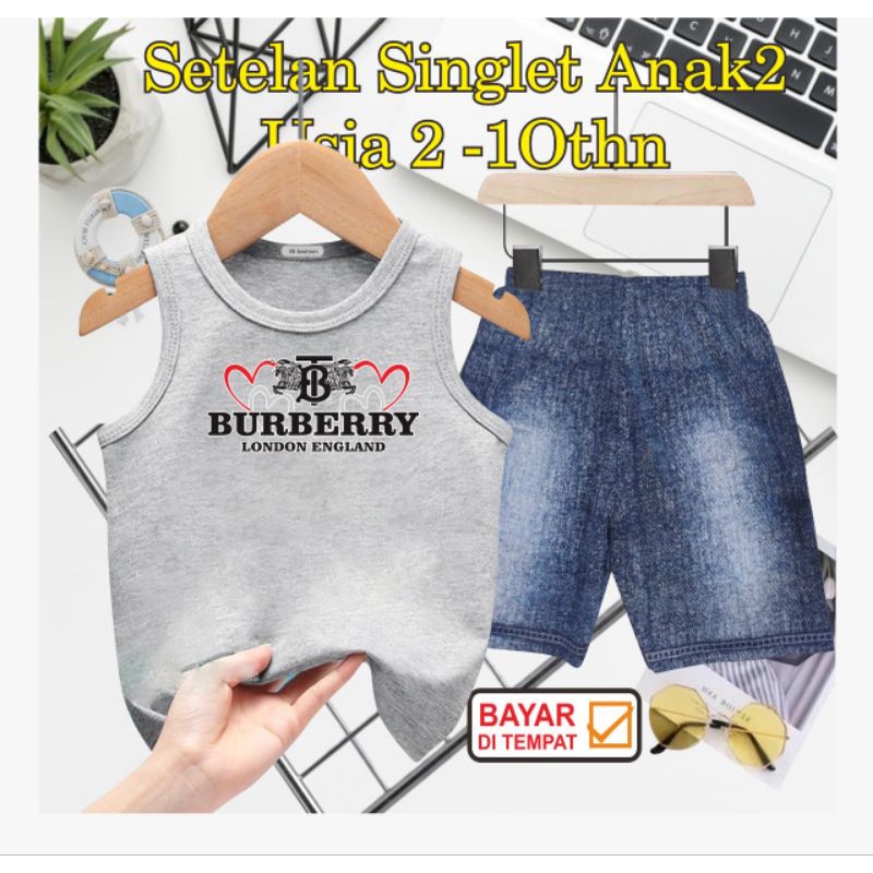 ((IB))SETELAN SINGLET ANAK SEMI JEANS/BUR83RY DIGITAL SABLON