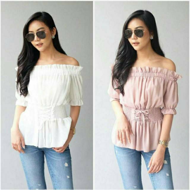 Blouse sabrina lengan pendek tali pinggang