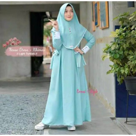 Gamis Remaja Set Hijab Premium Mosscrepe Terbaru | dewasa busui syari modern putih 019 Sabyan pesta