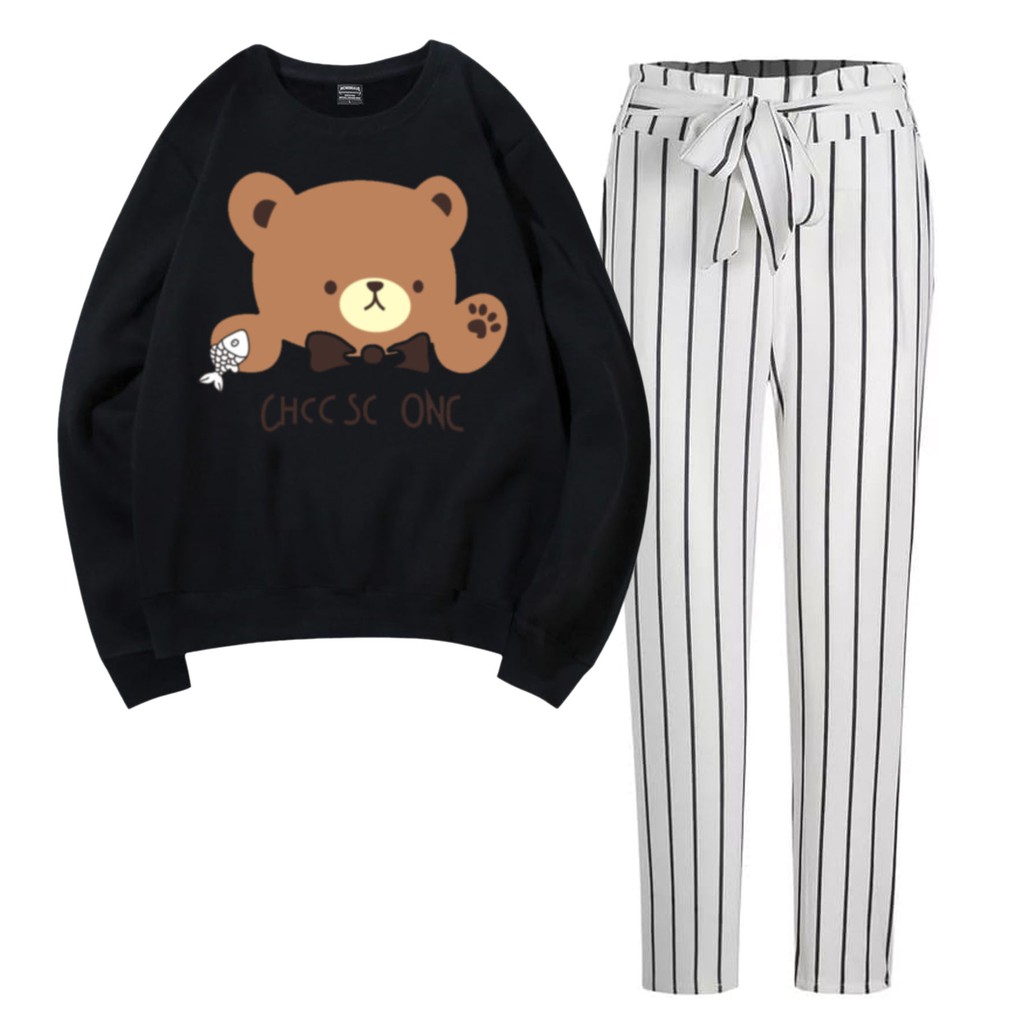 BESS - Baju Setelan Wanita Murah / Setelan Sweater + Celana Salur Putih - BEAR ONE