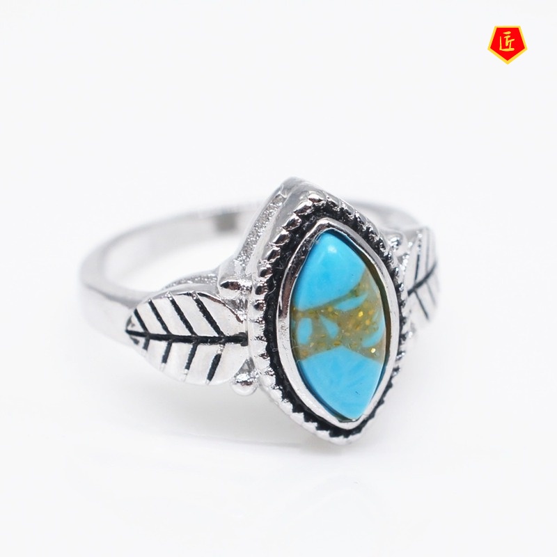 [Ready Stock]Retro Turquoise Leaf Shaped Ring Distinguished Personality