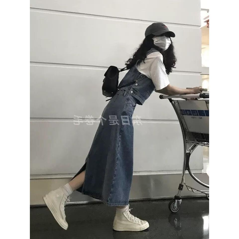 Red Rok A-line denim split retro Jepang 2021 musim semi dan musim panas baru selangkangan pelangsing pinggang tinggi wanita mid-length