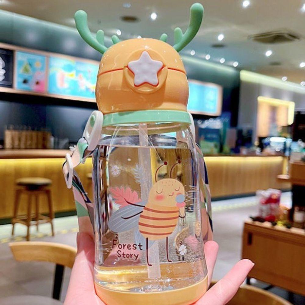 [Elegan] Antler Straw Mug Portable Lucu Ketel Plastik Musim Panas Luar Ruangan Kapasitas Besar Kebugaran Minum Tumbler