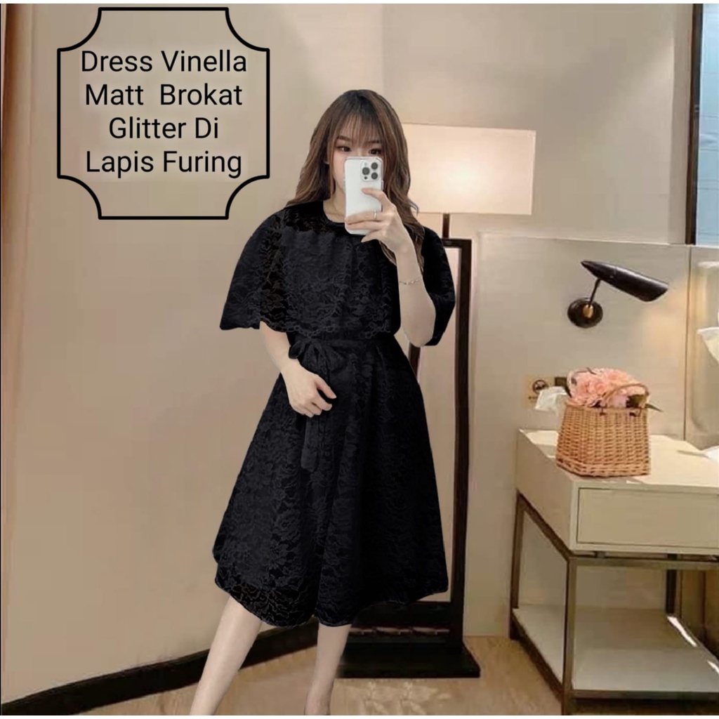 Dress Wanita Midi Kekinian Terbaru Kondangan/Pesta Matt Brokat Glitter Murah Berkualitas/Dress Vinella Size L-XL/Dress Natal Wanita Remaja Terbaru