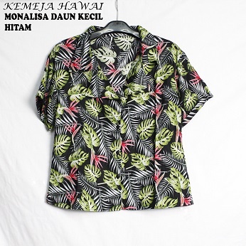 FORTGLASS MONALISA ASTER Baju Pantai Wanita Kemeja Hawai Bali Cewek Lengan Pendek Motif-DAUN KECIL HITAM