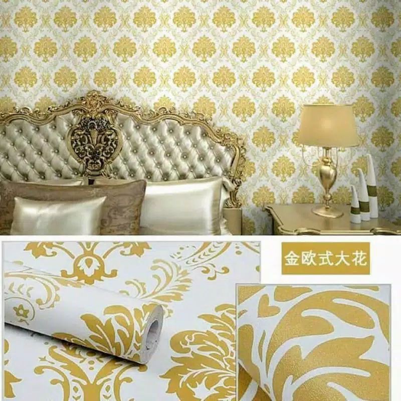 wallpaper sticker dinding motif batik gold
