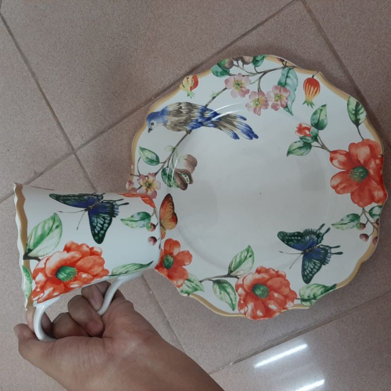[SET ISI 2] BIRDY DINNER PLATE N MUG GELAS PIRING KERAMIK SANGO MOTIF BURUNG VINTAGE KLASIK ANTIK HI